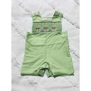 GREEN & WHT STRIPE BUNNY SMOCKED JON JON SZ 6 MONTHS REMEMBER NGUYEN - EUC